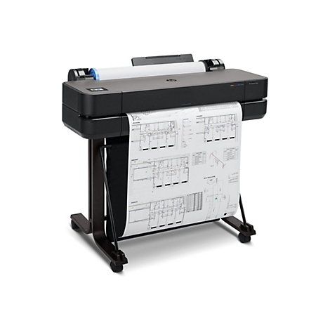 Une imprimante grand format HP DesignJet T630 noire avec un plan d'architecture.