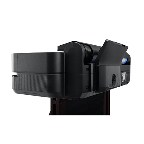 Vue latérale détaillée d'une imprimante noire avec le capot supérieur ouvert. Sur fond blanc.