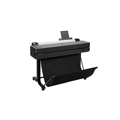 Imprimante grand format noire avec rouleau de papier. Panier de collecte des impressions. Inscription : HP Designjet T630.
