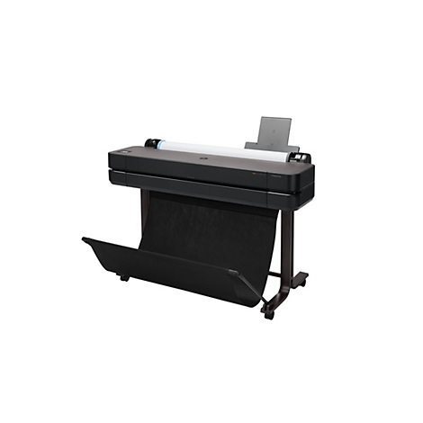 Une imprimante grand format noire avec un rouleau de papier blanc. Il y a un compartiment de rangement noir à l'avant. Inscription : HP Designjet T530.