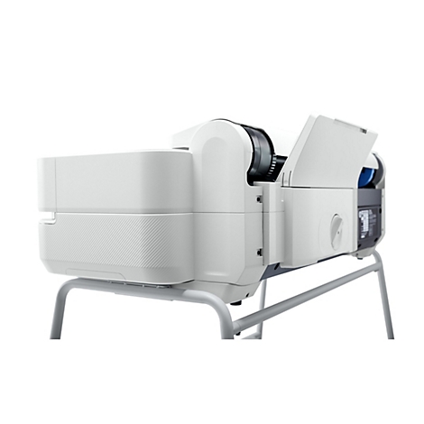 Appareil médical, blanc, avec couvercle ouvert, sur cadre métallique. Vue détaillée.