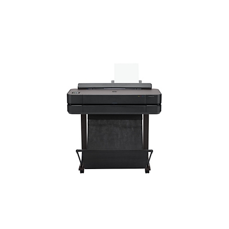 Imprimante grand format noire sur fond blanc. Bac de sortie du papier en dessous. Plusieurs bandes de couleurs et l'inscription HP Designjet T650 sont visibles sur l'appareil.