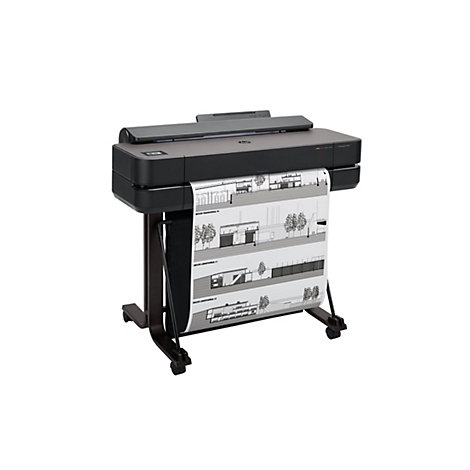 Imprimante grand format noire avec des plans d'architecture imprimés. L'appareil est posé sur un support marron à roulettes. L'impression montre des coupes avec des étiquettes.