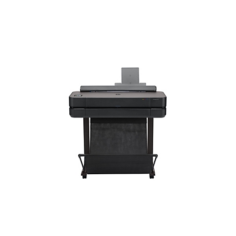 Une imprimante grand format noire avec des éléments gris, sur fond blanc. L'imprimante dispose d'un bac de collecte de papier et d'un panneau de commande.