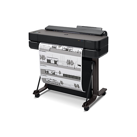 Une imprimante grand format HP Designjet T650 noire, avec un dessin architectural, sur un support marron avec des roulettes.