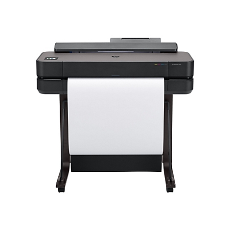 Une imprimante grand format HP DesignJet T650 gris-noir avec une sortie de papier blanc.