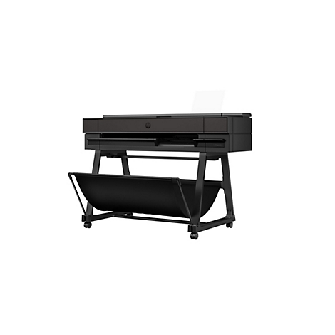 Imprimante grand format noire avec support sur fond blanc. Le logo HP est en haut.