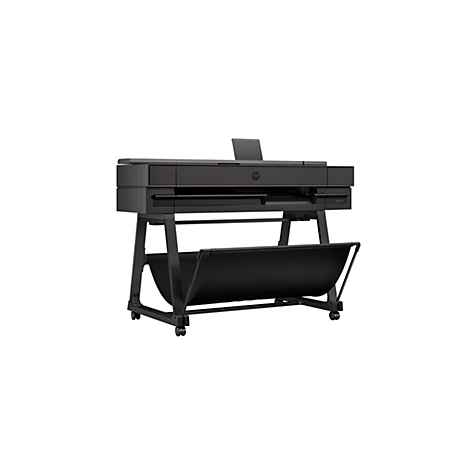 Une imprimante grand format noire avec un bac de collecte de papier sur roulettes, sur fond blanc.