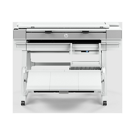 Grande imprimante blanche avec des touches de gris. Le logo HP est visible. Elle possède un bac pour le papier et des rouleaux.