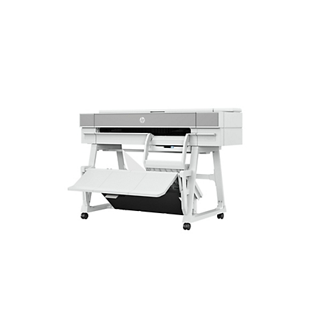 Une imprimante grand format blanche et grise avec le logo HP, sur fond blanc. L'imprimante repose sur un châssis blanc avec des rouleaux et un collecteur de papier.