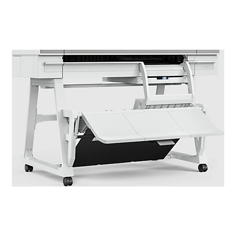 Grande imprimante blanche sur roulettes avec un bac de collecte noir. En dessous se trouve une étagère pour le matériel imprimé. L'inscription HP DesignJet T950 est visible sur l'imprimante.