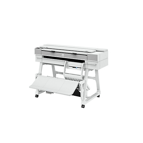 Grande imprimante grand format HP blanche avec bacs de sortie ouverts. Accents gris, logo HP.