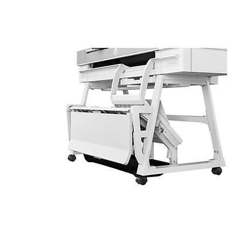 Une imprimante grand format HP DesignJet T950 MFP blanche sur un support blanc à roulettes, sur fond blanc.