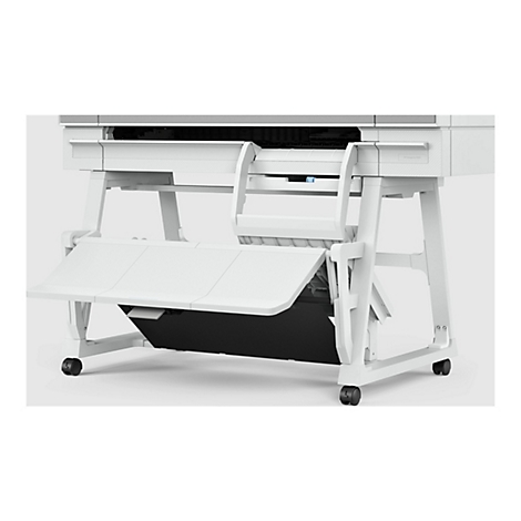 Une imprimante grand format blanche avec un stockage ouvert. Les rouleaux sont montés sur un support.