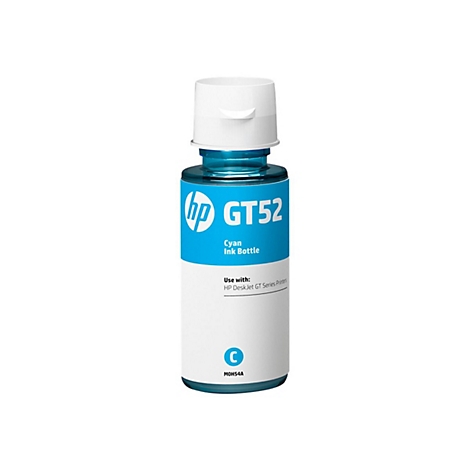 Blaue HP GT52 Cyan Tinte Flasche mit weißem Deckel. Beschriftet mit "Cyan Ink Bottle" und "HP Deskjet GT Series Printers".
