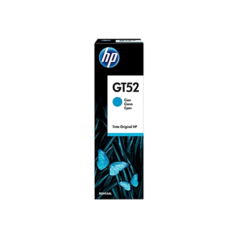 HP GT52 Tintenpatrone, Cyan. Die Patrone ist länglich und auf weißem Hintergrund dargestellt. Oben befindet sich das HP-Logo, darunter der Produktname GT52. Auf der Unterseite befinden sich blaue Schmetterlinge.
