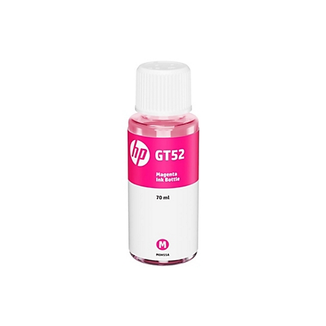 Eine Flasche magenta Tinte, weißer Verschluss, pinkes Etikett mit HP Logo, Schriftzug GT52 und "Magenta Ink Bottle".