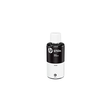 HP GT53XL schwarze Tintenflasche mit 135 ml Inhalt auf weißem Hintergrund.