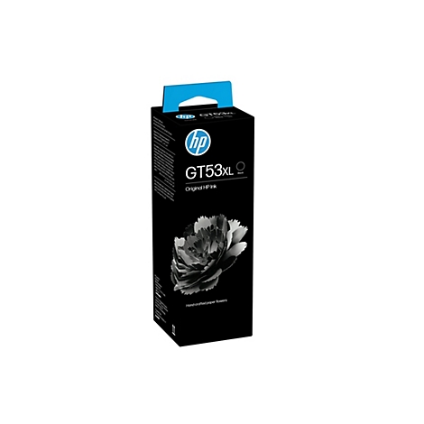 Schwarze HP GT53XL Tintenflaschenverpackung mit blauer Lasche und Abbildung einer Papierblume.