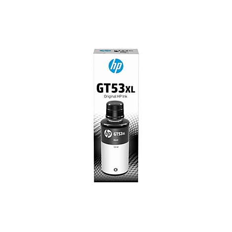 Weiße Verpackung mit HP-Logo, schwarzer GT53XL Tintenflasche und Text auf neutralem Hintergrund.