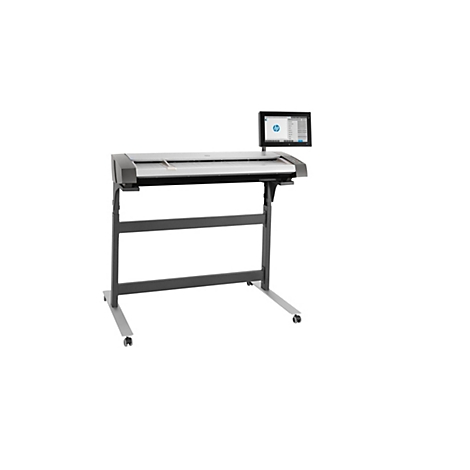 Ein grauer Großformatscanner der Marke HP. Auf einem Bildschirm werden Optionen angezeigt.