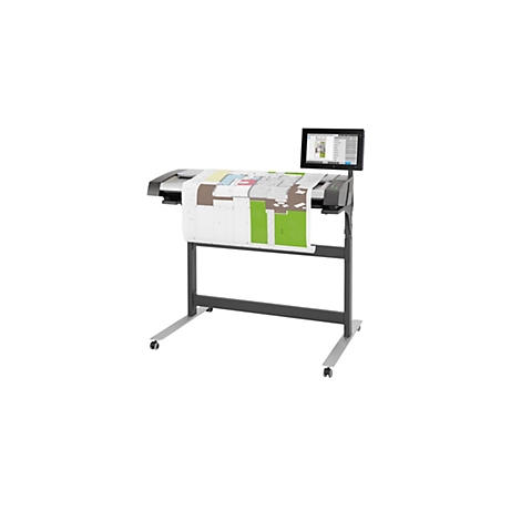 Ein Großformatscanner mit Farbzeichnung auf einer Rolle. Der Scanner hat einen Monitor.