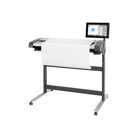Ein großer, professioneller HP-Drucker auf Rollen, der ein großes weißes Blatt Papier druckt. Auf dem Display ist das HP-Logo zu sehen.