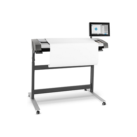 Ein großes, graues HP-Druckgerät steht auf einem Gestell mit Rollen, ein Bildschirm ist nach oben gerichtet.