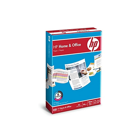 Eine Packung HP Home & Office A4 Papier mit 500 Blatt, 80g/m² weiß, vor neutralem Hintergrund.