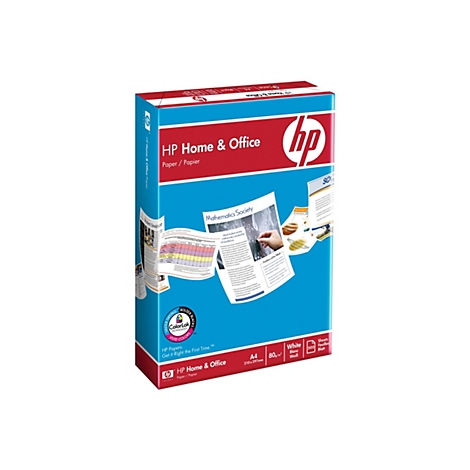 Eine Packung HP Home & Office Papier im A4-Format, 80 g/m2, mit Abbildungen von ausgedruckten Dokumenten.