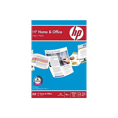 HP Home & Office Kopierpapier A4, 80g/m2, 500 Blatt, mit ColorLok-Technologie Logo auf der Verpackung.
