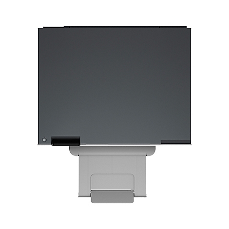 Bovenaanzicht van een printer in grijstinten en wit. De printer heeft een grijs oppervlak en daaronder een compartiment voor het bewaren van het papier.