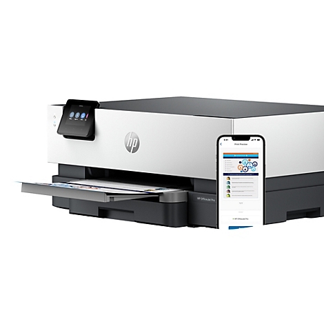 Een grijze HP-printer met een smartphone die een app-interface weergeeft. Aan de linkerkant bevindt zich een papieruitvoertray.