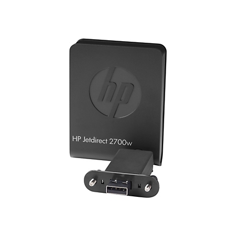 Schwarzes HP Jetdirect 2700w Netzwerkgerät mit USB-Anschluss und HP-Logo.
