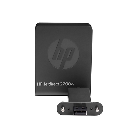 Schwarzer HP Jetdirect 2700w Adapter mit USB-Anschluss und HP-Logo.