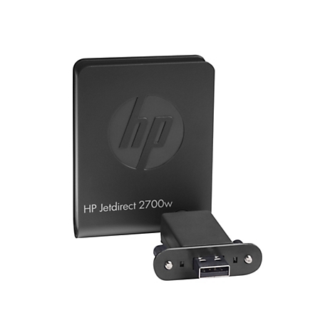 Schwarzes HP Jetdirect 2700w-Gerät mit HP-Logo und USB-Anschluss.