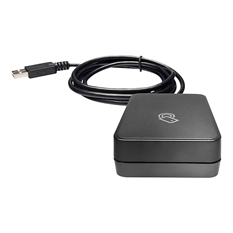 Schwarzes Kartenlesegerät mit USB-Kabel. Auf dem Gerät ist ein Symbol für kontaktloses Bezahlen abgebildet.