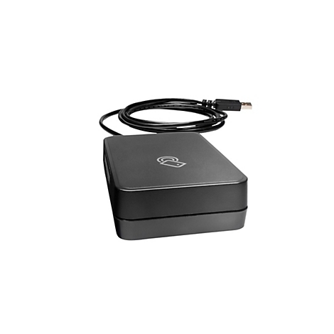 Schwarzes Kartenlesegerät mit USB-Kabel, isoliert auf weißem Hintergrund. Oben mittig das NFC-Symbol.