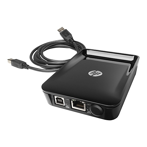 Schwarzes HP-Gerät mit USB-Kabel. Auf der Oberseite ist das HP-Logo zu sehen. Unten befinden sich Anschlüsse, darunter USB, Netzwerk und eine Steuerung.