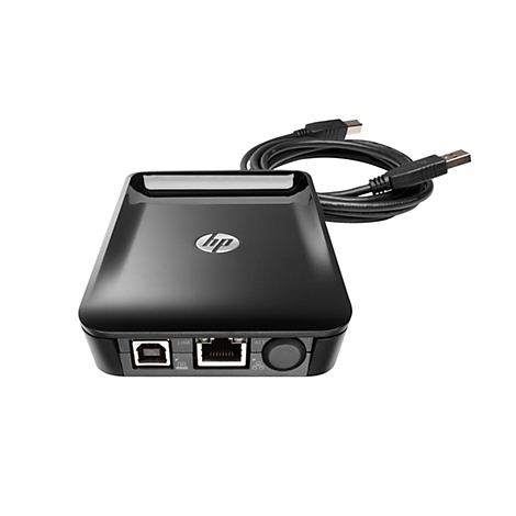 Schwarzes HP-Gerät mit angeschlossenem USB-Kabel. Auf dem Gerät befinden sich Anschlüsse und das HP-Logo.