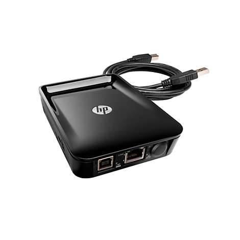 Schwarzes HP-Gerät mit USB-Kabel. Das Gerät hat einen glänzenden Deckel, das HP-Logo und Anschlüsse für USB und Ethernet.