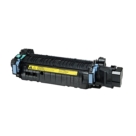 Schwarze Drucker-Heizeinheit mit gelben Warnhinweisen und blauen Elementen.