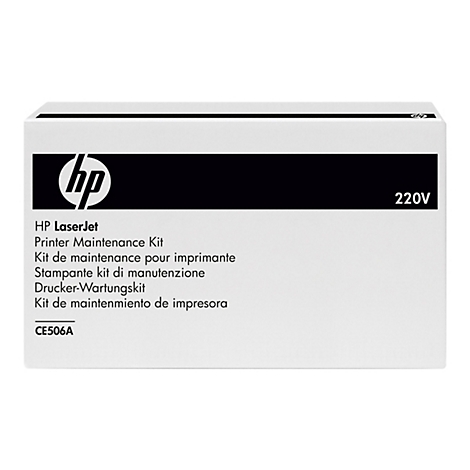 Weißer Karton mit schwarzem Logo und Text. Aufschrift: HP LaserJet, Wartungskit für Drucker.