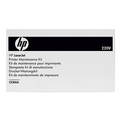 Eine weiße Schachtel mit HP-Logo und Produktbezeichnungen in mehreren Sprachen. Schwarzer Streifen oben mit 220V.