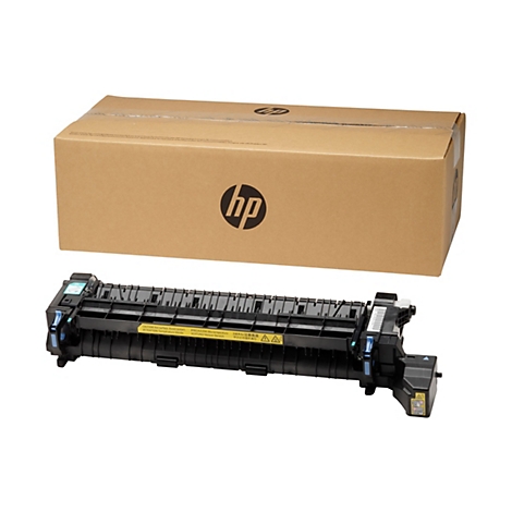 Eine schwarze HP-Druckerkomponente mit Warnhinweisen und einer braunen Box im Hintergrund. Das HP-Logo ist sichtbar.