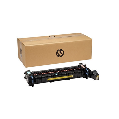 Schwarzes Druckerteil mit HP-Logo und brauner Karton im Hintergrund, freigestellt.