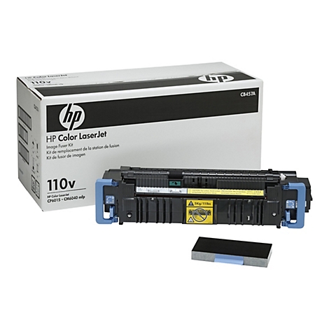 Eine HP Color LaserJet Bildfixiereinheit mit der Aufschrift 110v und CB457A. Auf dem Produkt sind Warnhinweise und das HP Logo zu sehen.