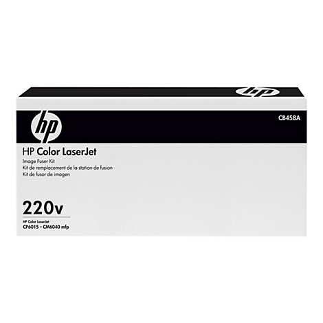 Weißer Karton mit schwarzem Deckel und HP-Logo. Text: HP Color LaserJet, 220V, CB458A.