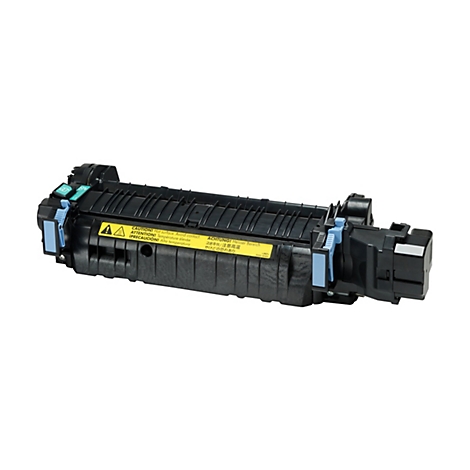 Groupe de fusion d'imprimante noir avec étiquette d'avertissement jaune et éléments en plastique bleu.
