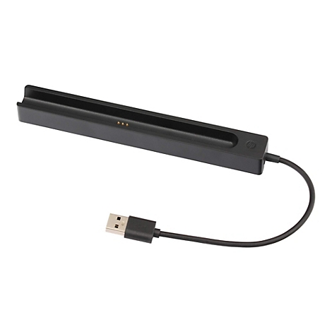 Schwarze HP Ladestation in länglicher Form mit USB-Kabel auf weißem Hintergrund.